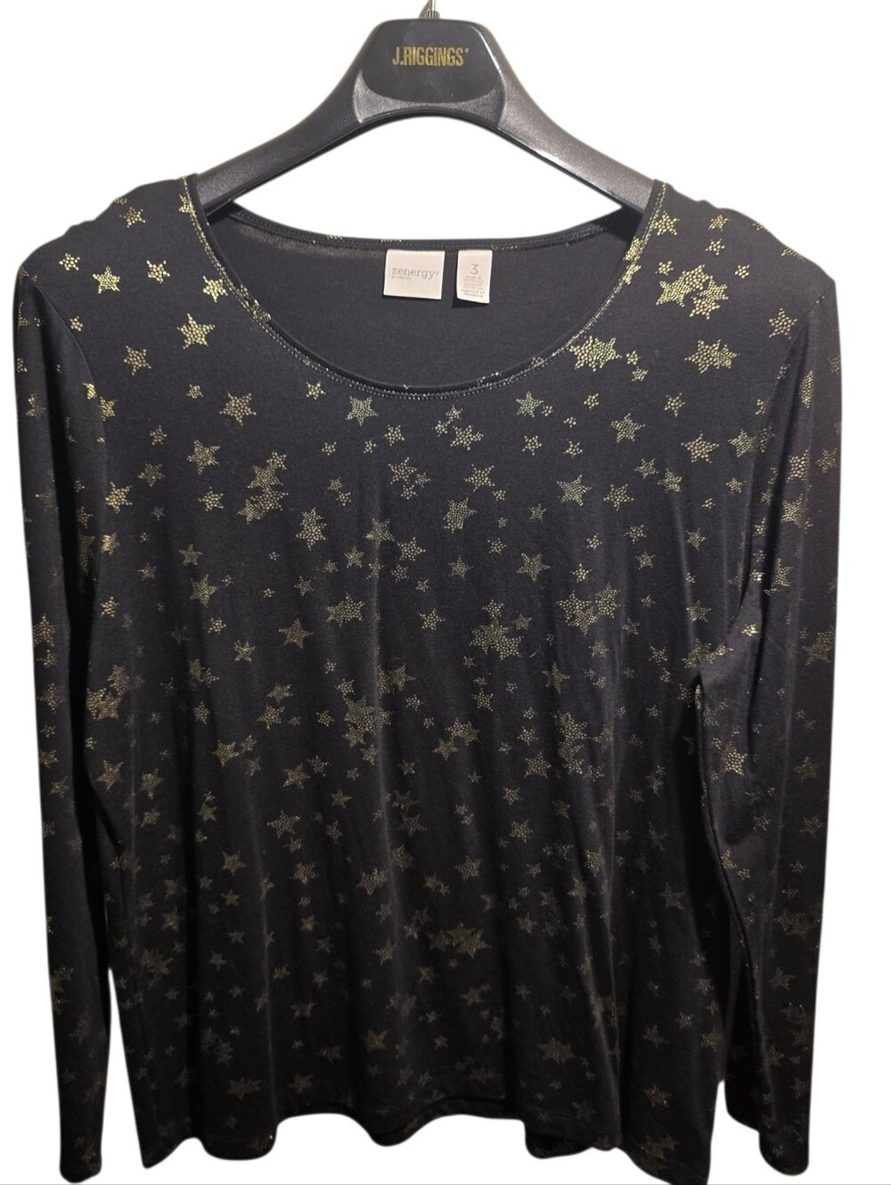 Chico's Size Xlarge Black L/s Tshirt With Gold Stars Pattern